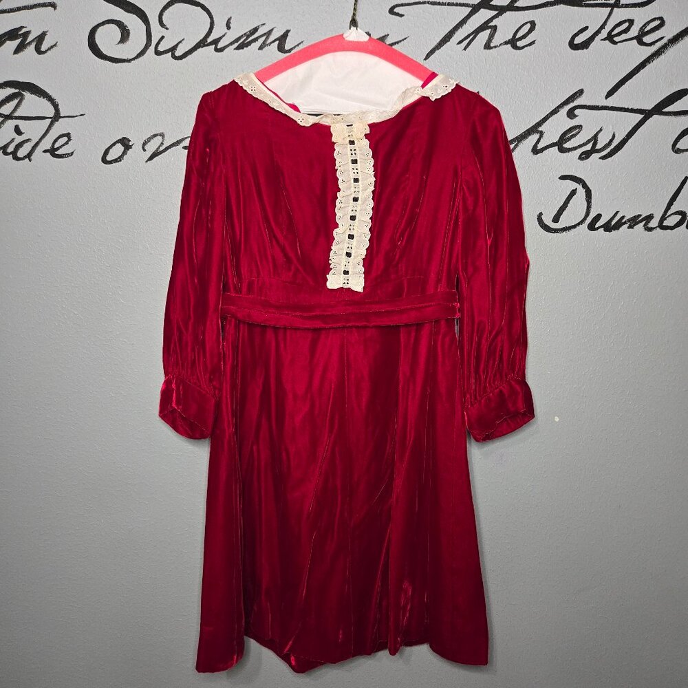 Vintage Handmade Red Velvet Long Sleeve Girl Dress, YL